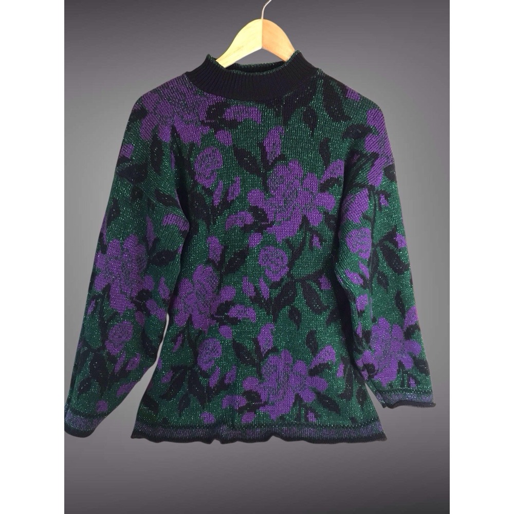 Vintage 90s Sweater Dana‎ Scott Women's Size Large Metallic Floral Grandmacore